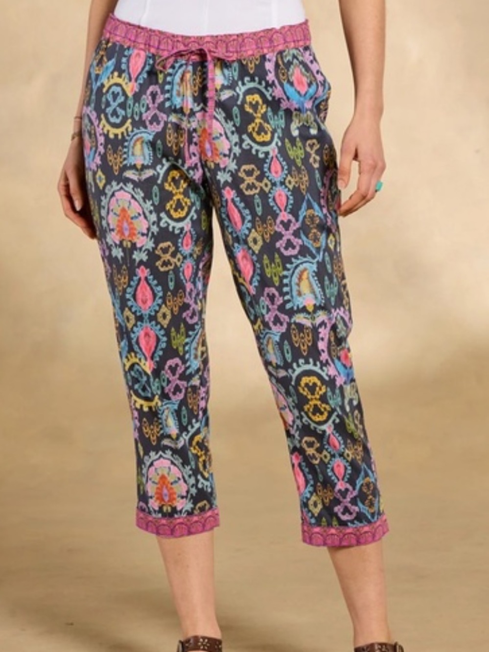 Sundance Leia drawstring pants boho print artsy lightweight cotton cropped -XL